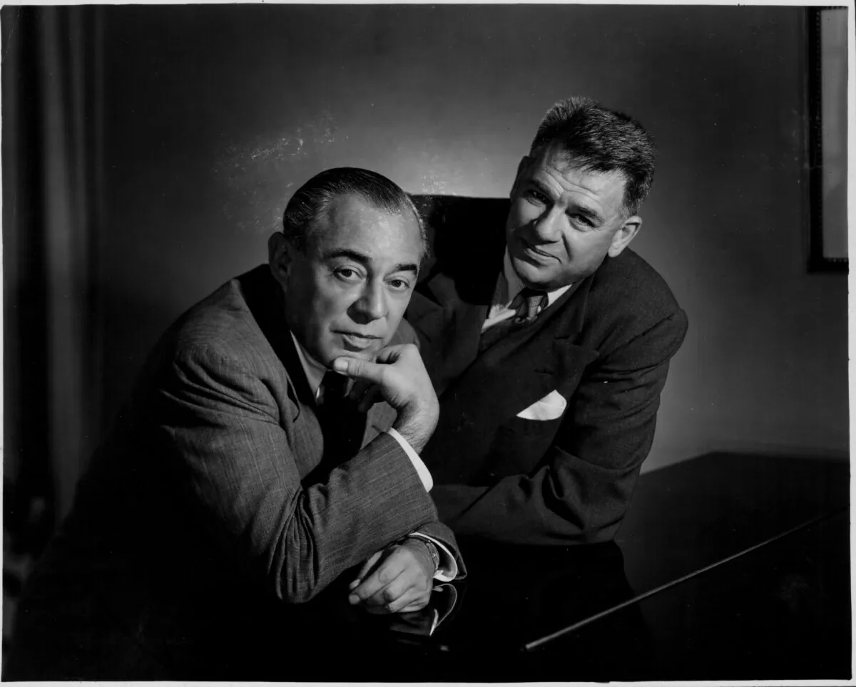 Portrait of music composers Richard Rodgers and Oscar Hammerstein at a piano, during the development of their new musical 'Pipe Dream', 1955. (Photo by Pictorial Parade/Archive Photos/Getty Images)