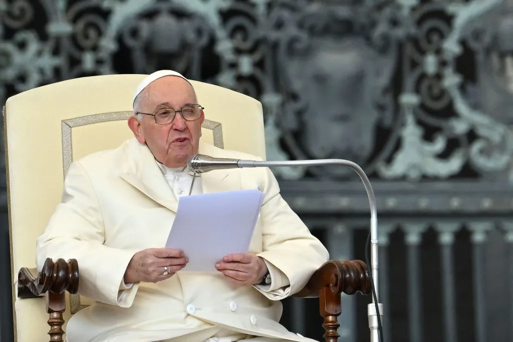 Pope Francis speaks during the weekly general audience at St. Peter's square in The Vatican on April 5, 2023. (Filippo Monteforte/AFP via Getty Images)