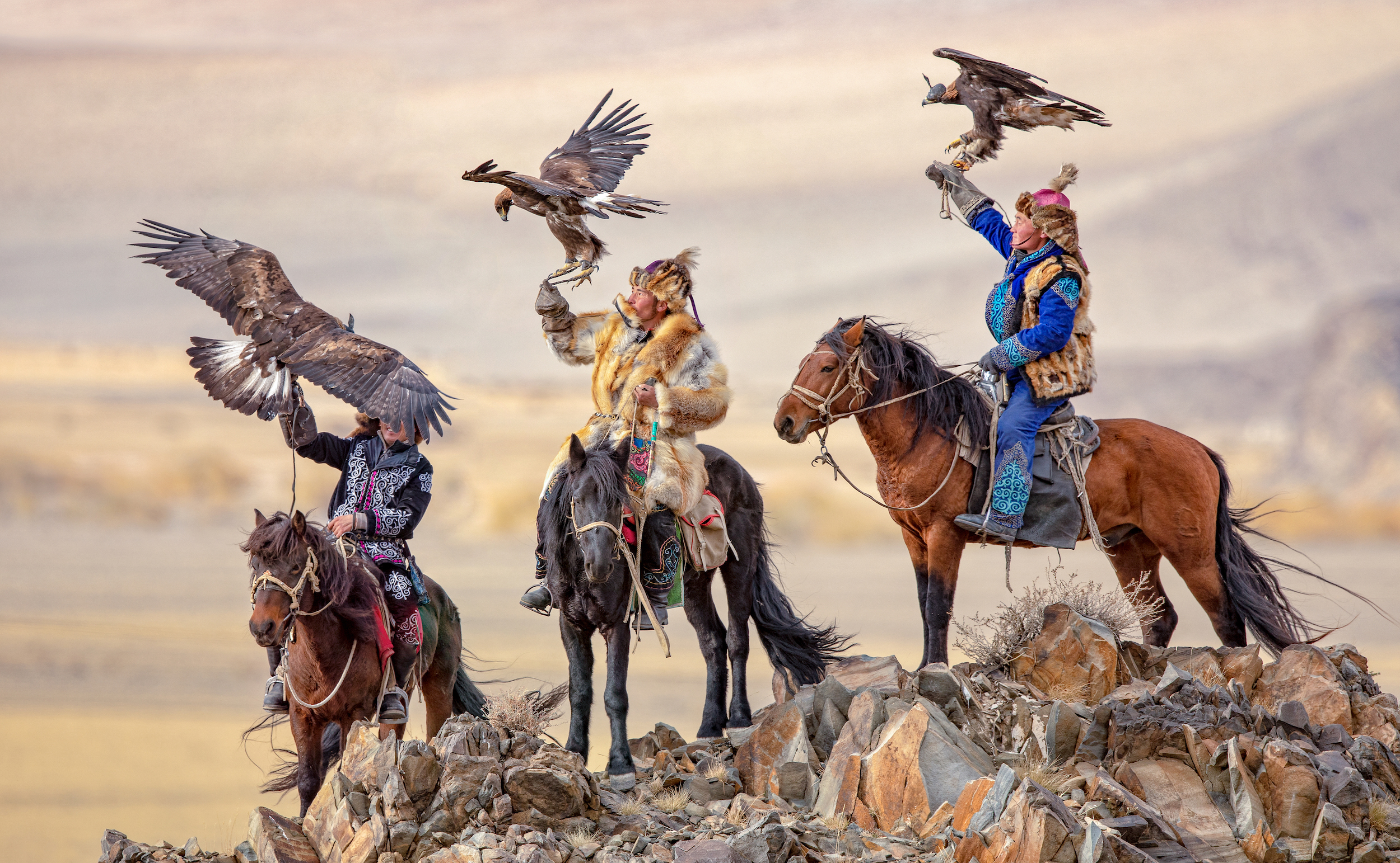 Mongolian nomads hunting with golden eagles and horses