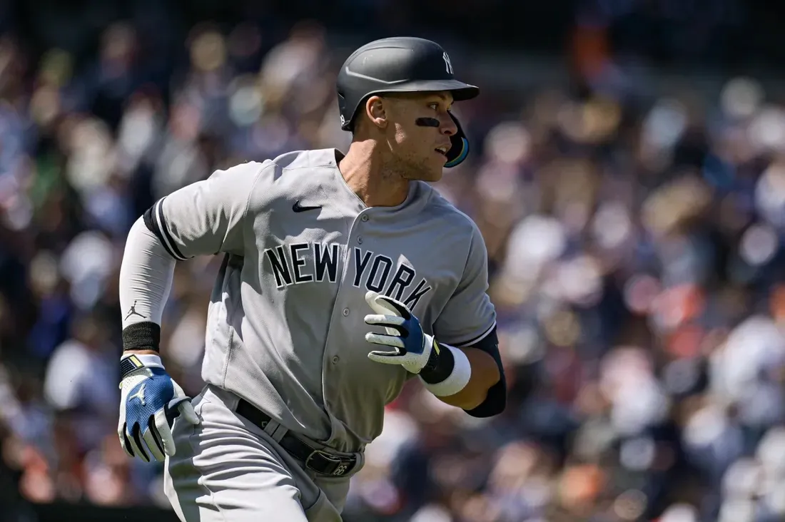 New York Yankees right fielder Aaron Judge (99) runs out a third inning solo home run against the Baltimore Orioles at Oriole Park at Camden Yards in Baltimore, Md., on April 8, 2023. (Tommy Gilligan/USA TODAY Sports via Field Level Media)