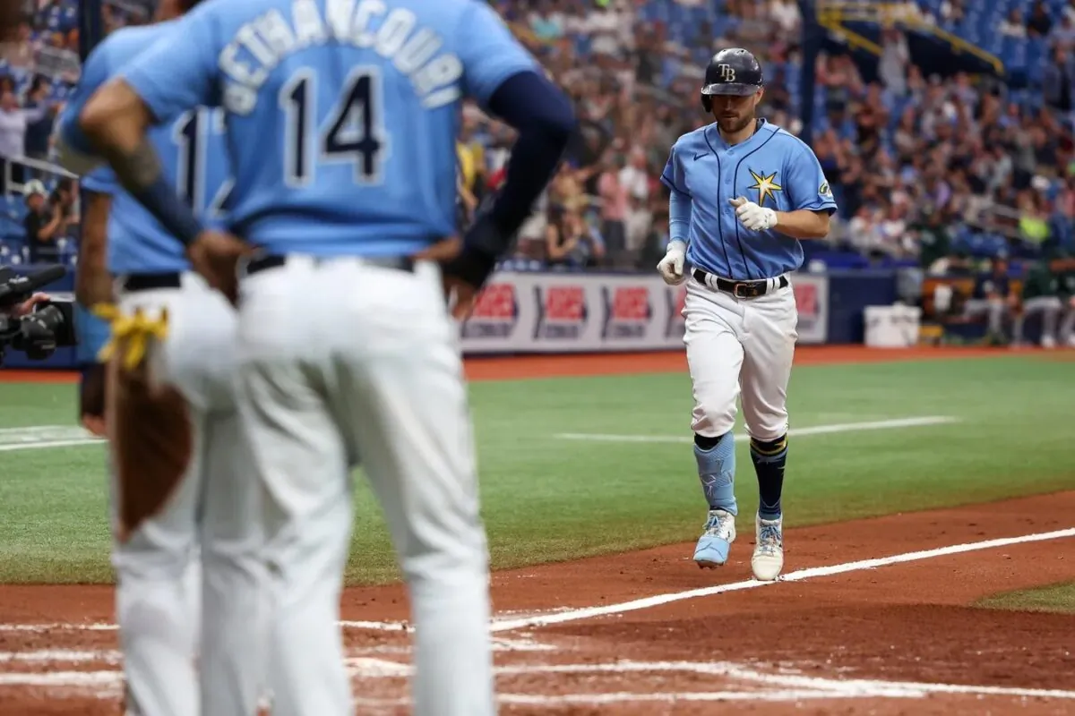 Tampa Bay Rays second baseman Brandon Lowe (8) runs the bases after hitting a grand slam against the Oakland Athletics in the fourth inning at Tropicana Field in St. Petersburg, Fla., on April 9, 2023. (Nathan Ray Seebeck-USA TODAY Sports via Field Level Media)