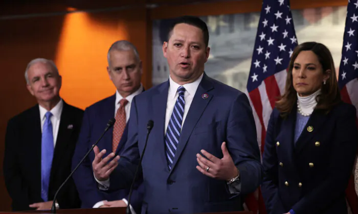 Flanked by members of the Congressional Hispanic Conference, co-chair Rep. Tony Gonzales (R-Texas) speaks during a news conference at the U.S. Capitol in Washington on Feb. 1, 2023. (Alex Wong/Getty Images)