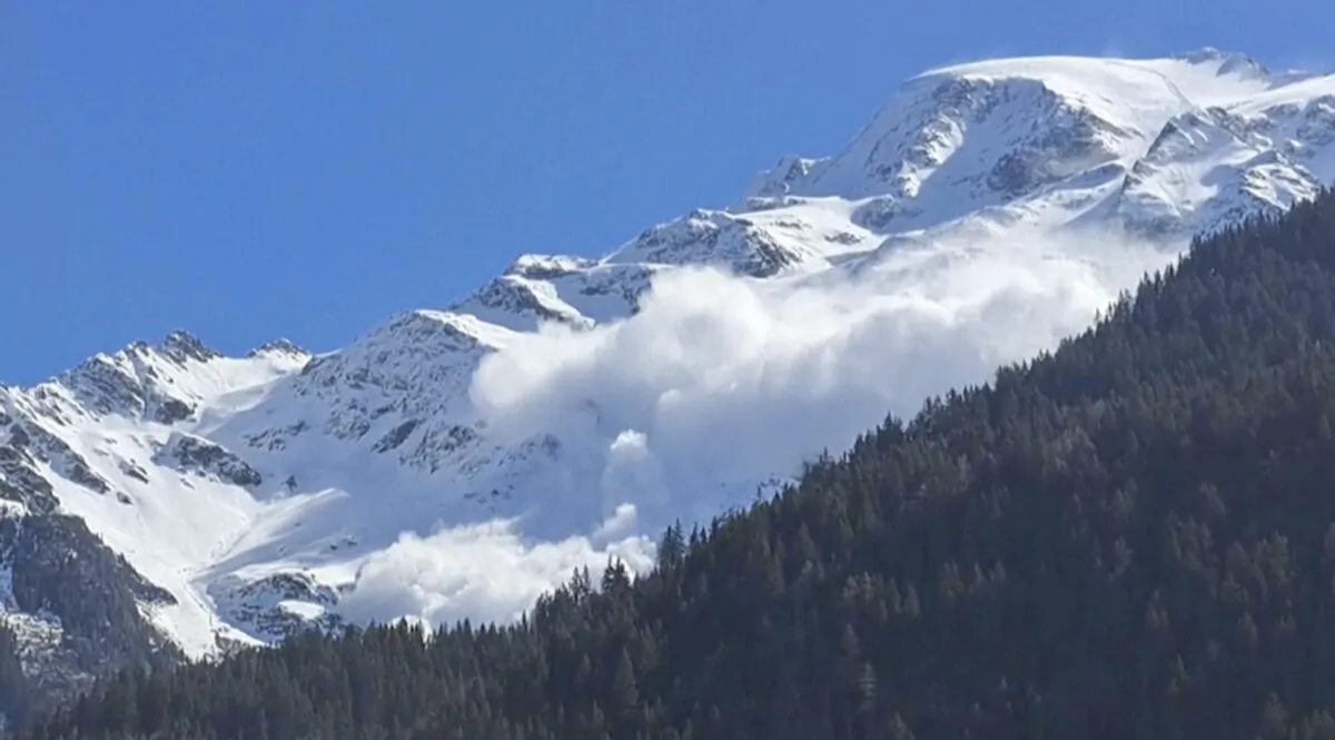 An avalanche rolling down the Armancette glacier in Contamines-Montjoie, France, in the Haute-Savoie region, some 30 kilometers (almost 20 miles) southwest of Chamonix on April 9, 2023. (Contamines Montjoie via AP)