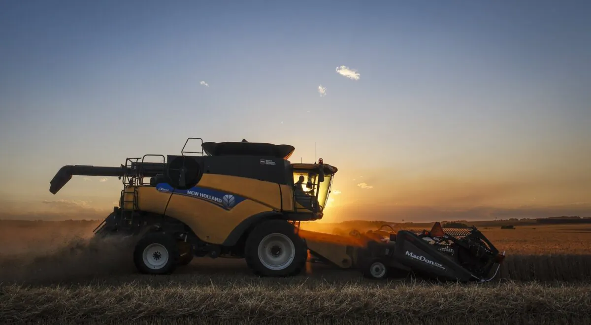 A farmer operates a combine on a wheat crop near Cremona, Alta., on Sept. 7, 2022. (The Canadian Press/Jeff McIntosh)