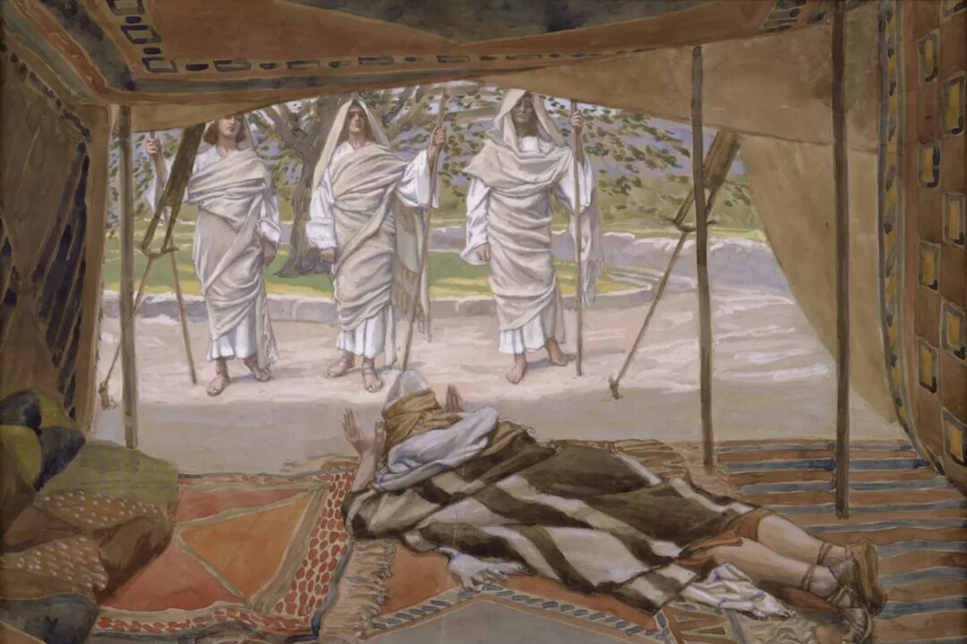 God can work wonders for good people. "Abraham and the Three Angels," circa 1896–1902, by James Jacques Joseph Tissot. Gouache on board-mounted paper; 7 3/4 inches by 11 5/16 inches. The Jewish Museum. (Public Domain)