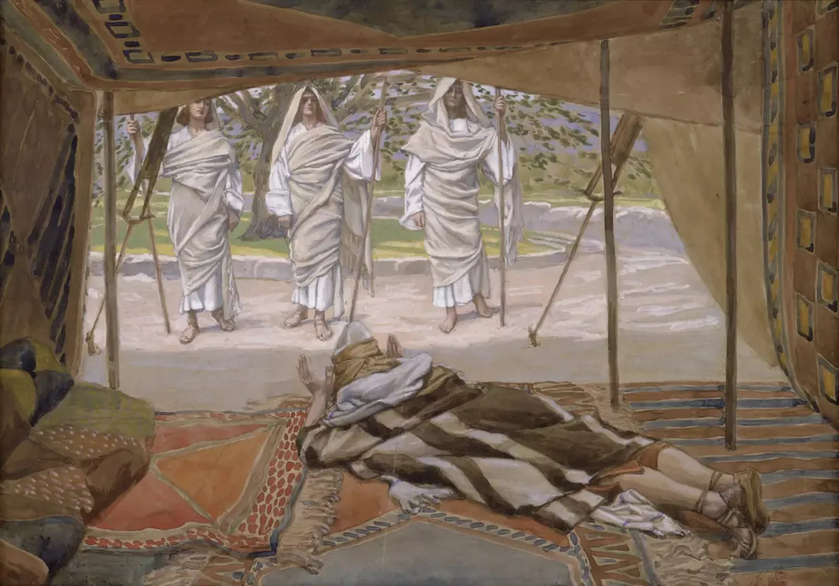 God can work wonders for good people. "Abraham and the Three Angels," circa 1896–1902, by James Jacques Joseph Tissot. Gouache on board-mounted paper; 7 3/4 inches by 11 5/16 inches. The Jewish Museum. (Public Domain)