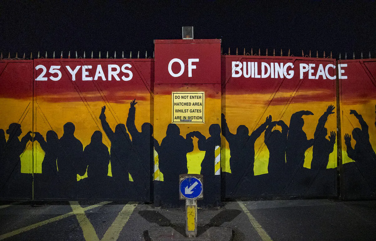 Lanark Way interface gates which allowed traffic to move between the Republican and Loyalist areas of Belfast during limited times of the day has been painted ahead of the 25th anniversary of the Good Friday Agreement. Pictured on April. 6, 2023. (PA Media)