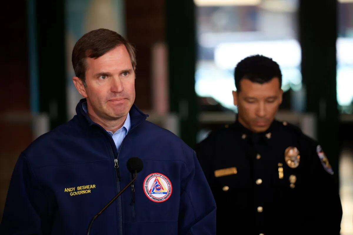 Kentucky Governor Andy Beshear speaks during a news conference after an assailant opened fire at an Old National Bank branch in Louisville, Ky., on April 10, 2023. (Luke Sharrett/Getty Images)