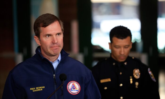 Kentucky Governor Andy Beshear speaks during a news conference after an assailant opened fire at an Old National Bank branch in Louisville, Ky., on April 10, 2023. (Luke Sharrett/Getty Images)