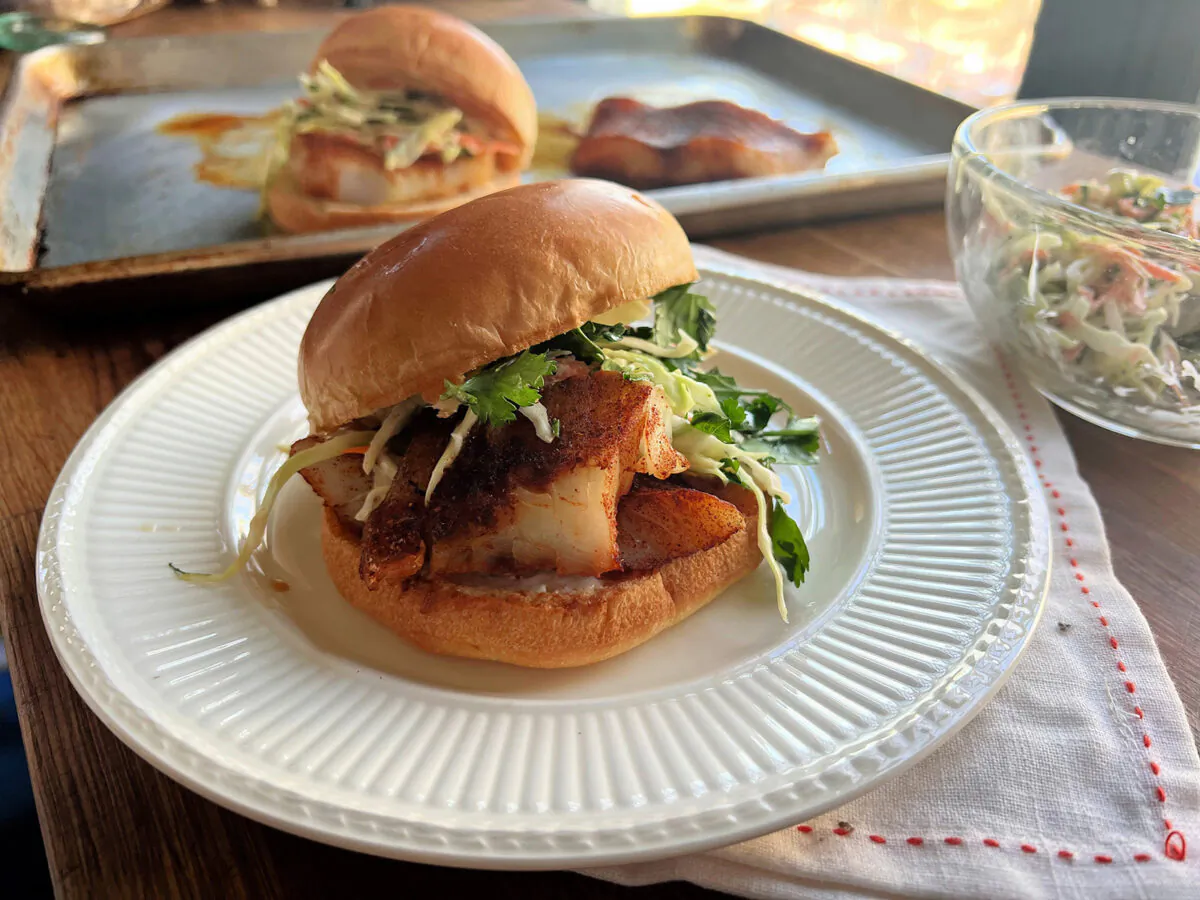 Spicy cod sandwich on a brioche bun with a zesty lime slaw. (Gretchen McKay/Pittsburgh Post-Gazette/TNS)