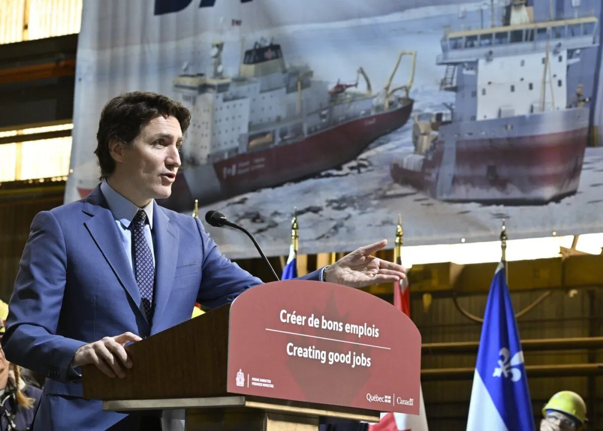 Prime Minister Justin Trudeau announces major investments in shipbuilding at the Davie shipyard in Levis, Que., Apr. 4, 2023. (The Canadian Press/Jacques Boissinot)
