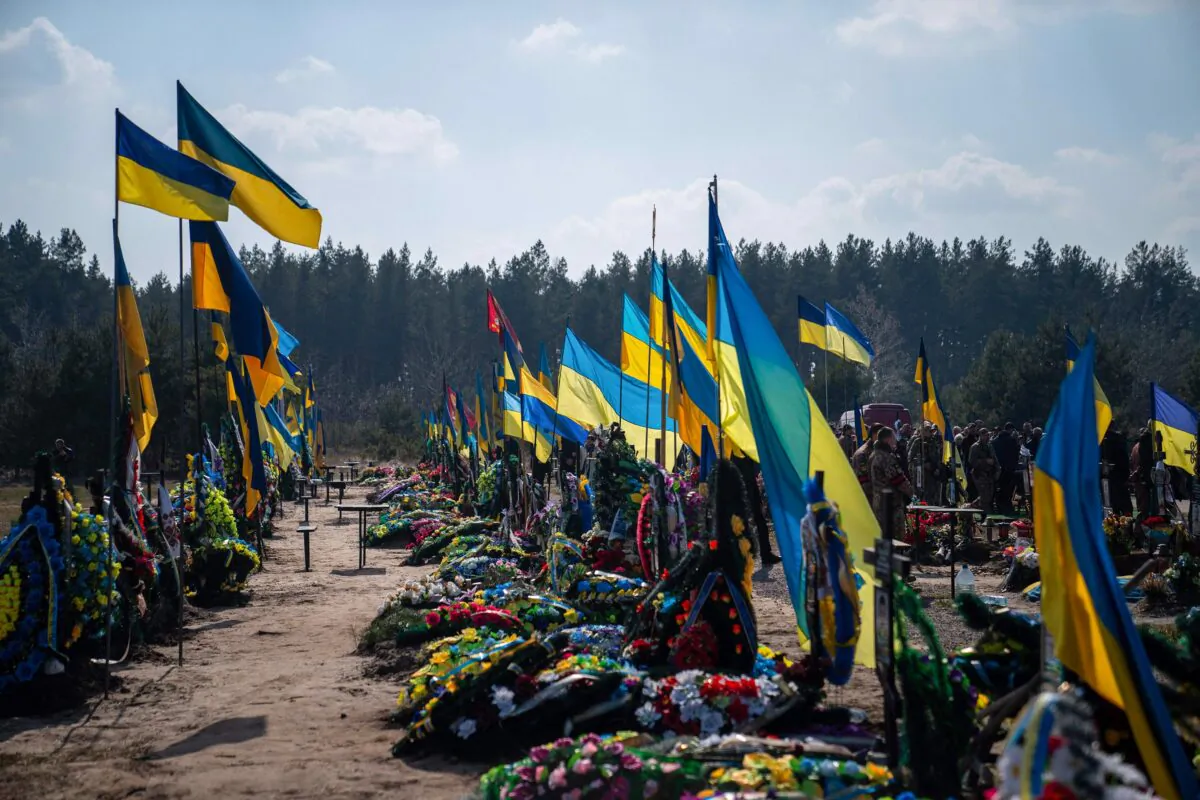 On March 22, 2023, flags displayed at a funeral ceremony in Poltava, amid Russia's military invasion on Ukraine. (Ihor Tkachov/AFP/Getty Images/TNS)