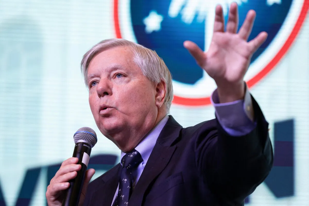 Sen. Lindsey Graham (R-S.C.) speaks during the Vision 2024 National Conservative Forum at the Charleston Area Convention Center in Charleston, S.C., on March 18, 2023. (Logan Cyrus/AFP via Getty Images)
