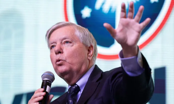 Sen. Lindsey Graham (R-S.C.) speaks during the Vision 2024 National Conservative Forum at the Charleston Area Convention Center in Charleston, South Carolina, on March 18, 2023. (Logan Cyrus/AFP via Getty Images)