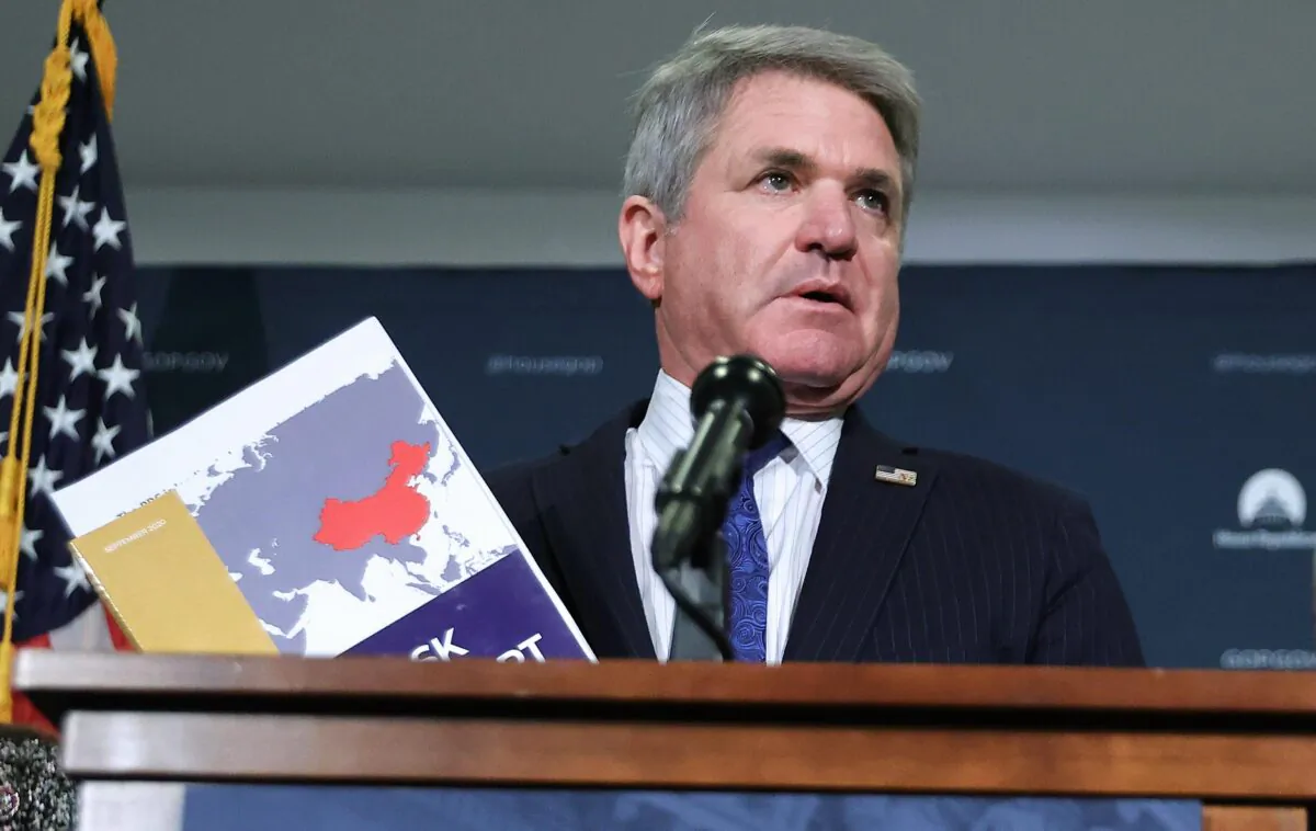 WASHINGTON, DC - OCTOBER 20: Rep. Mike McCaul (R-TX) talks about China during a news conference with House Republican Conference Chair Rep. Elise Stefanik (R-NY) (L) and House Minority Whip Steve Scalise (R-LA) following a House Republican caucus meeting at the U.S. Capitol Visitors Center on October 20, 2021 in Washington, DC. The GOP members of Congress were critical of the entire Democratic slate of legislation and accused them of being unwilling to compromise. (Photo by Chip Somodevilla/Getty Images)