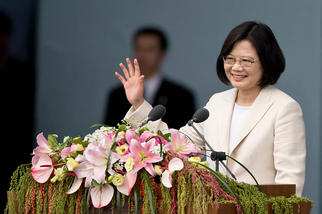 President Tsai Ing-wen waves to the crowd in Taipei, Taiwan, on May 20, 2016. (Ashley Pon/Getty Images)