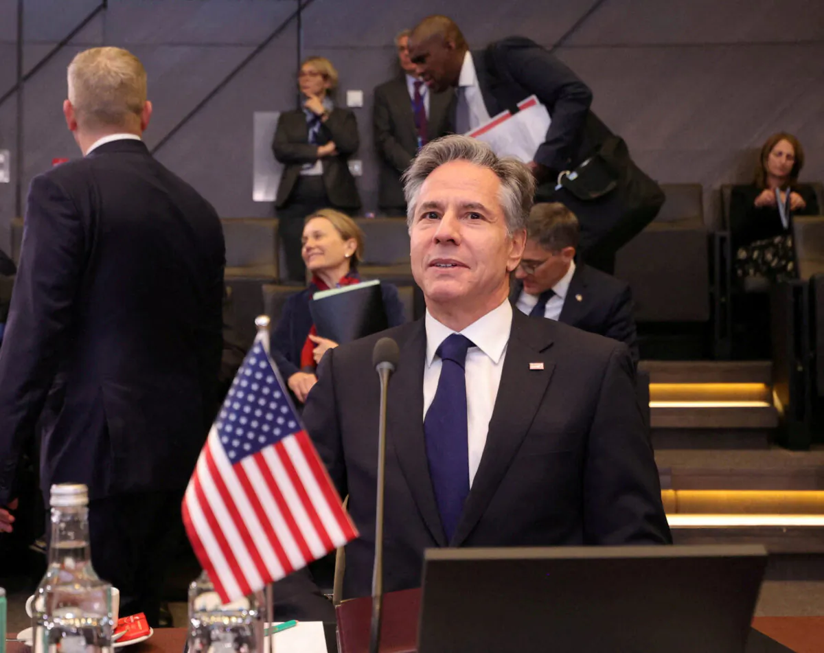 U.S. Secretary of State Antony Blinken attends an Allies Support to Ukraine meeting, during NATO foreign ministers' meeting at NATO headquarters in Brussels on April 4, 2023. (Olivier Matthys/Pool via Reuters)