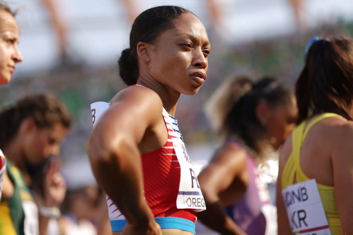 Allyson Felix of Team United States looks on ahead of competing in the Women's 4x400m in the World Athletics Championships Oregon22 at Hayward Field in Eugene, Oregon, on July 23, 2022. (Ezra Shaw/Getty Images)