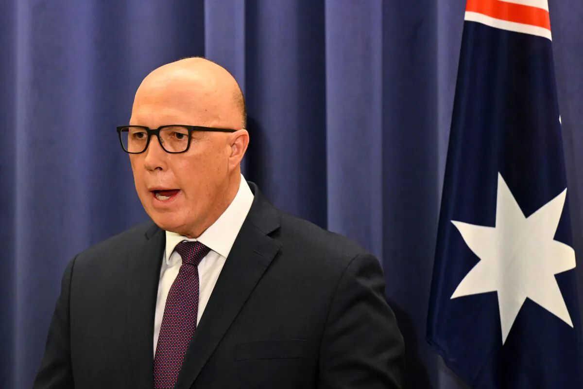 Australian Opposition Leader Peter Dutton speaks to the media during a press conference at Parliament House in Canberra, Australia, on April 5, 2023. (AAP Image/Lukas Coch)