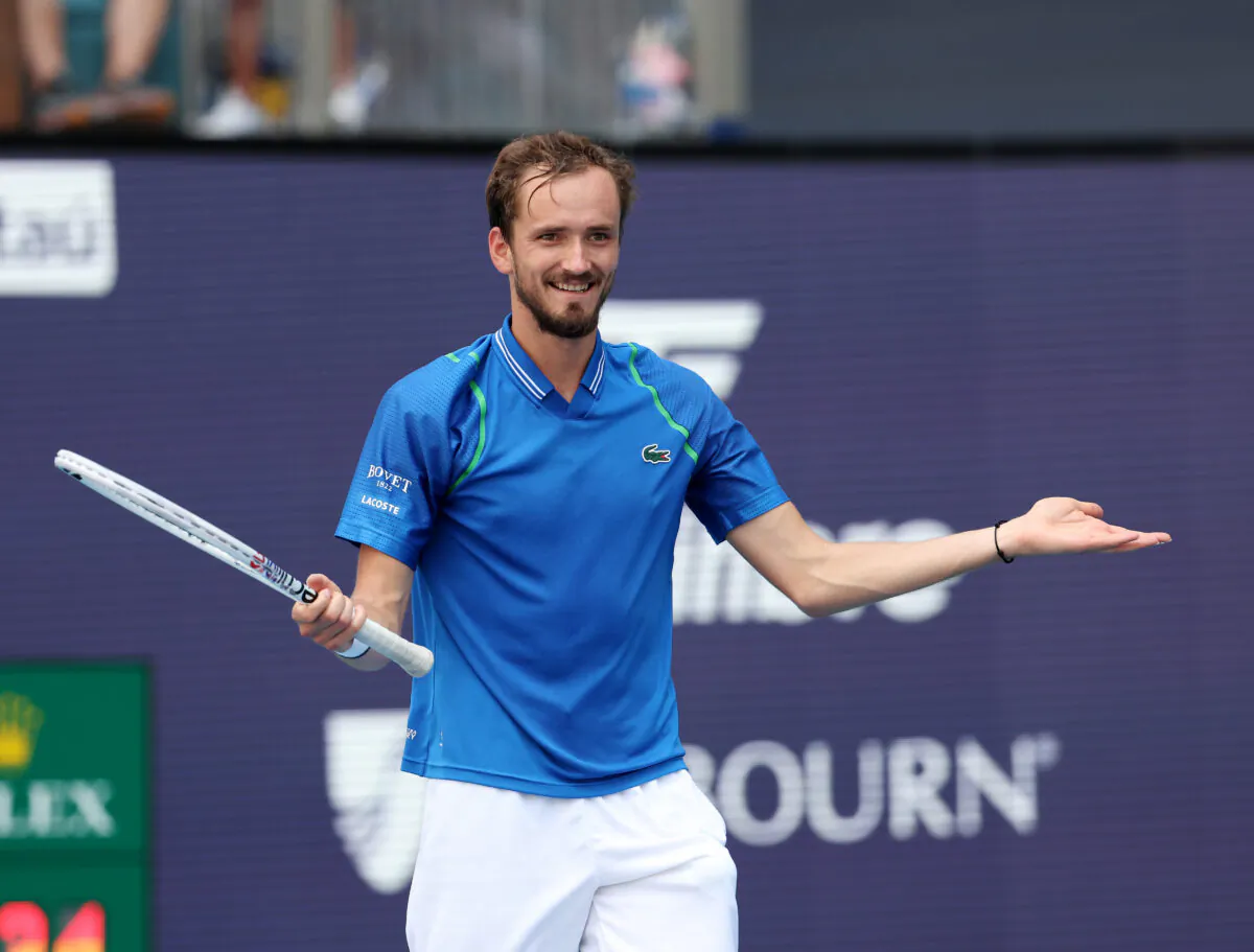 Daniil Medvedev of Russia celebrates match point against Jannik Sinner of Italy during the men's finals of the Miami Open at Hard Rock Stadium in Miami Gardens, Fla., on April 2, 2023. (Al Bello/Getty Images)