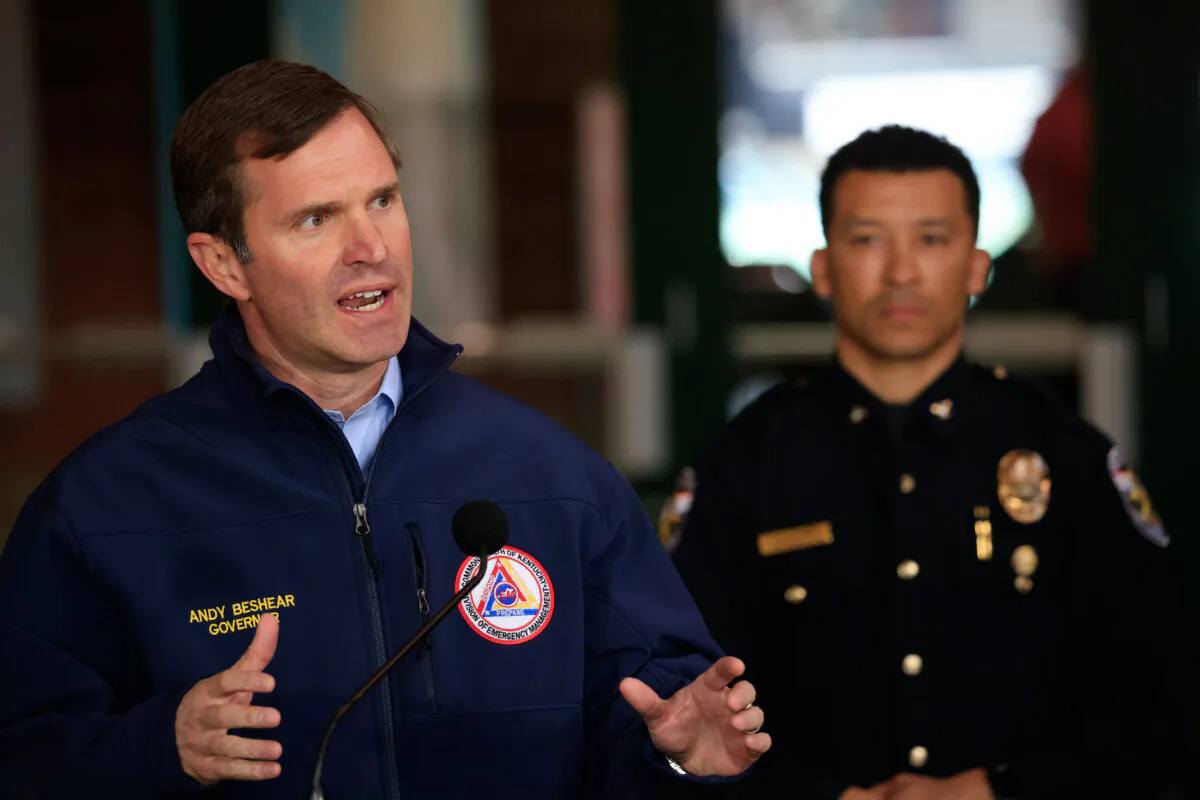 Kentucky Gov. Andy Beshear speaks during a news conference after a gunman opened fire at the Old National Bank building in Louisville on April 10, 2023. (Luke Sharrett/Getty Images)