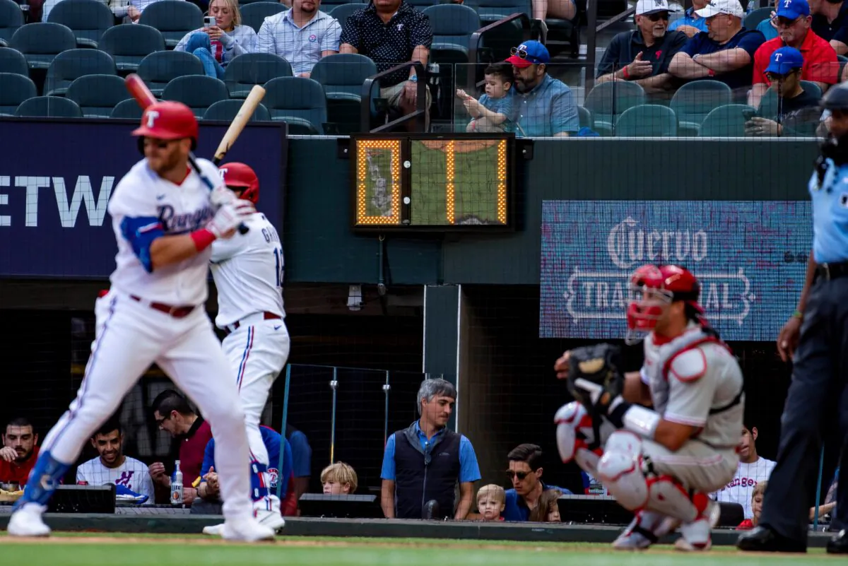 Texas Rangers' Josh Jung (6) gets set in the batter's box as the pitcher's clock winds down during a baseball game against the Philadelphia Phillies in Arlington, Texas, on April 1, 2023. (Emil T. Lippe/AP Photo)