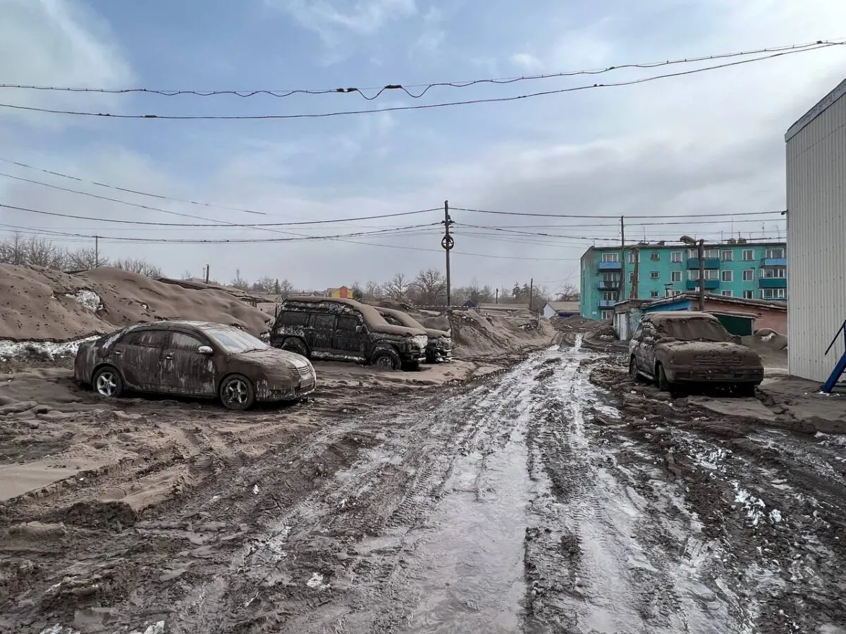 Cars covered in volcanic dust following the eruption of Shiveluch volcano in the settlement of Klyuchi on the Kamchatka Peninsula, Russia, on April 11, 2023. (Official page of Oleg Bondarenko, Head of the Ust-Kamchatsky municipal district/Handout via Reuters)