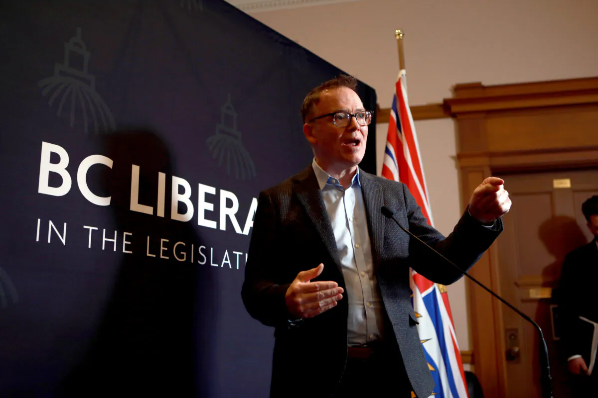B.C. Liberal Leader Kevin Falcon gives a statement and answers questions from reporters during an media availability at the legislature in Victoria, B.C., on May 4, 2022. (The Canadian Press/Chad Hipolito)