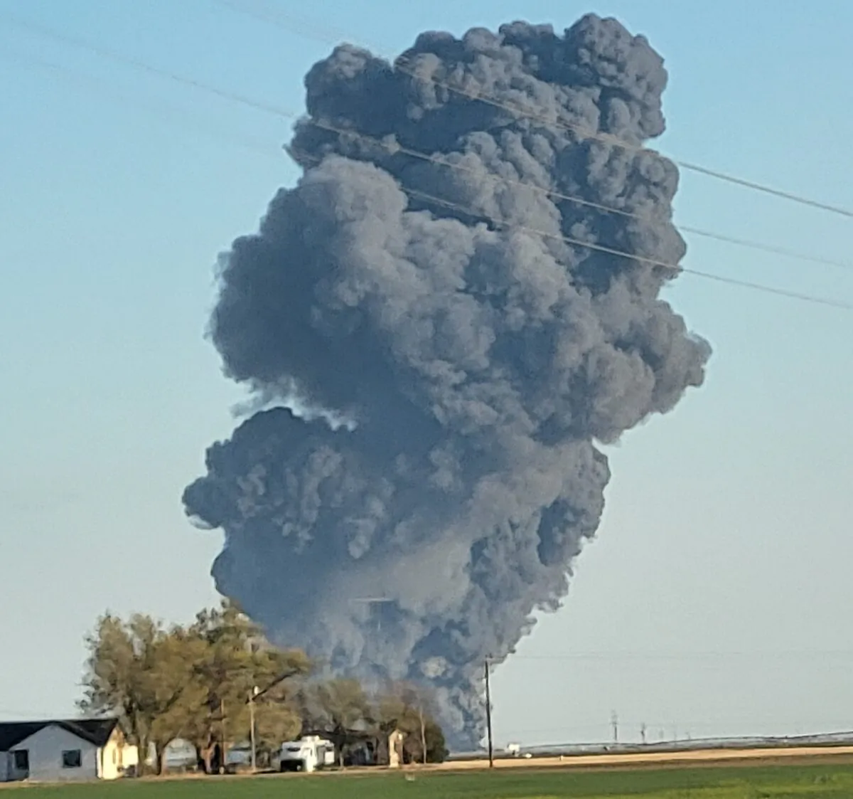 A massive explosion at the South Fork Dairy in Castro County, Texas, sent billowing black smoke skyward, on April 10, 2023. (Courtesy of Castro County Sheriff's Office)