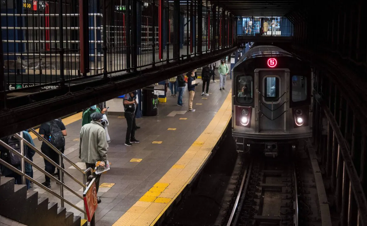 A subway train arrives in a station in New York City on May 17, 2021. (Angela Weiss/AFP via Getty Images)