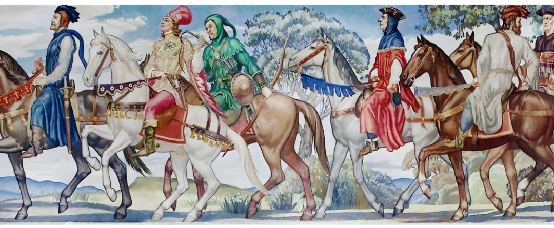 A section of "Canterbury Tales" mural, 1939, by Ezra Winter is situated on the west wall of the North Reading Room in the Library of Congress John Adams Building, Washington. (L–R) the Host of Tabard Inn; the Knight, followed by his son, the young Squire, on a white palfrey; a Yeoman; the Doctor of Physic; Chaucer, riding with his back to the observer, as he talks to the Lawyer; and the Clerk of Oxenford, reading his beloved classics. (Public Domain)