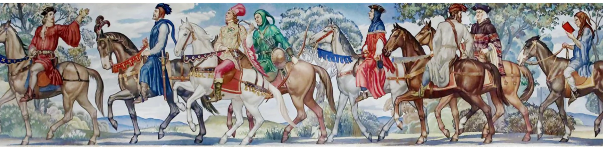 A section of "Canterbury Tales" mural, 1939, by Ezra Winter is situated on the west wall of the North Reading Room in the Library of Congress John Adams Building, Washington. (L–R) the Host of Tabard Inn; the Knight, followed by his son, the young Squire, on a white palfrey; a Yeoman; the Doctor of Physic; Chaucer, riding with his back to the observer, as he talks to the Lawyer; and the Clerk of Oxenford, reading his beloved classics. (Public Domain)