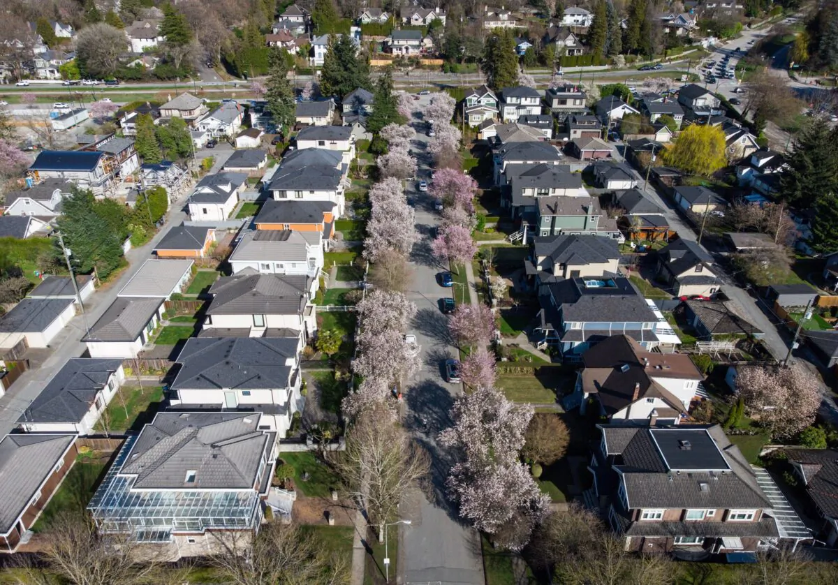 An aerial view of a residential neighbourhood in Vancouver on April 4, 2023. (Darryl Dyck/The Canadian Press)