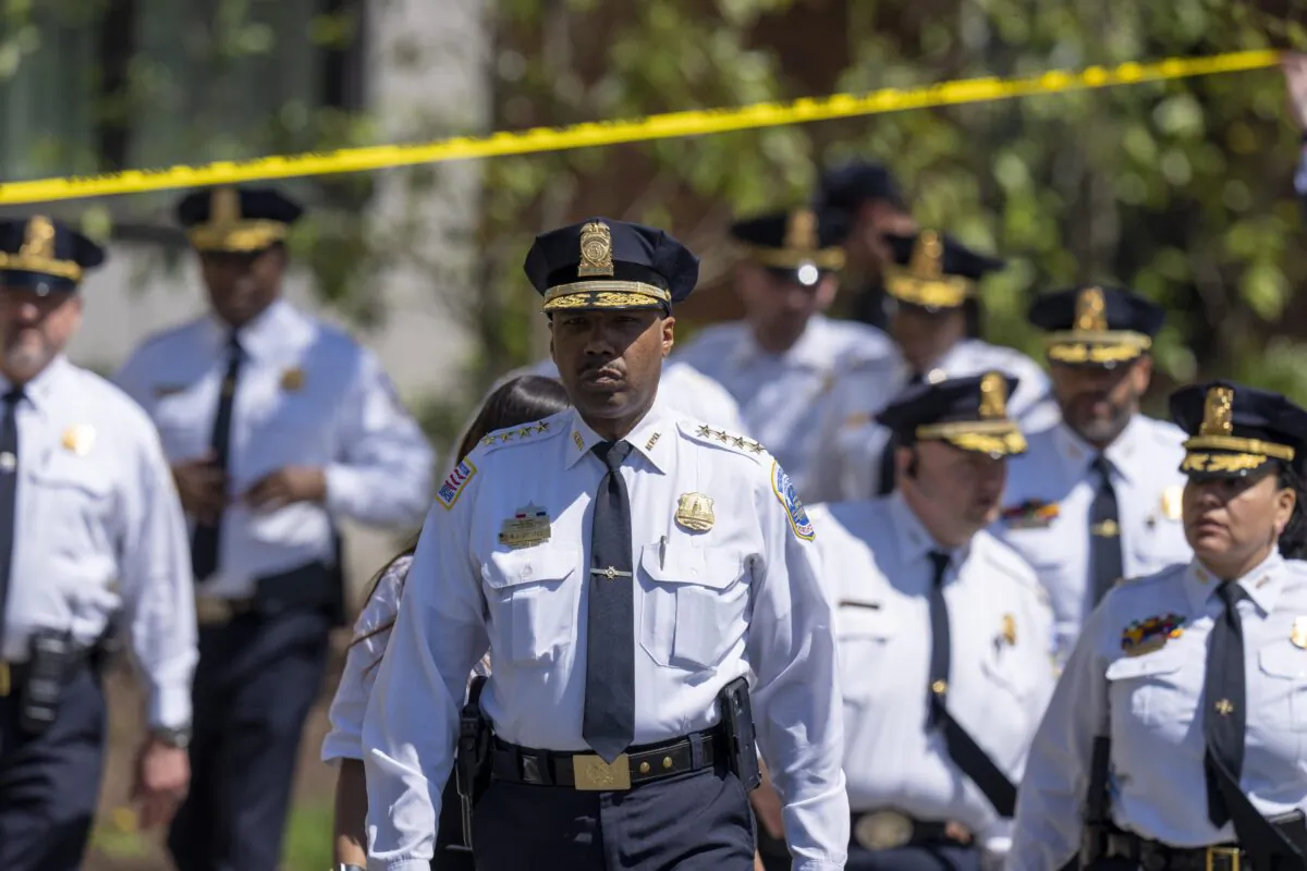 Metropolitan Police Chief Robert Contee III walks to speak with reporters in Washington, on April 11, 2023. (Alex Brandon/AP Photo)