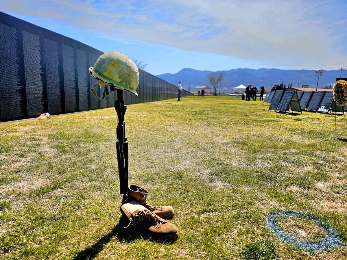 A symbolic homage to U.S. soldiers who died in Vietnam stands before the traveling memorial in Camp Verde on March 29, 2023. (Allan Stein/The Epoch Times)