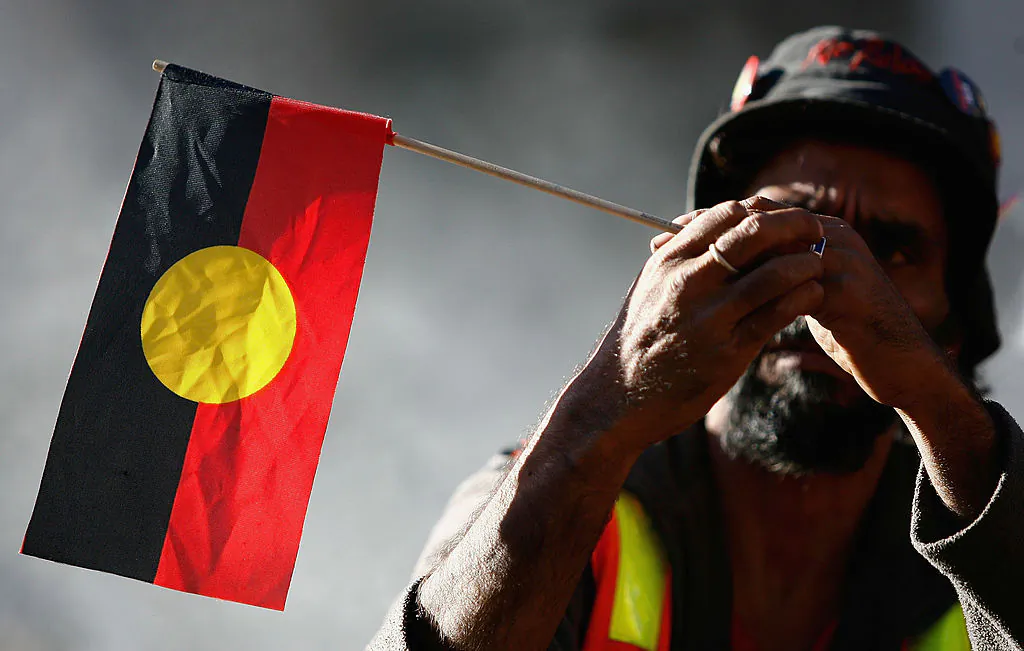 Ronald 'Ringo' Terrick, an elder the Wurundjeri tribe  sits on the steps of Parliment House during Sorry Day May 26, 2007 in Melbourne, Australia. (Simon Fergusson/Getty Images)