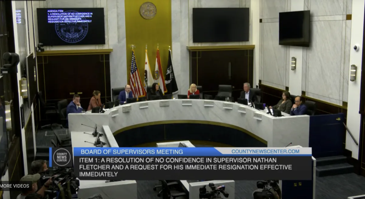 The San Diego County Board of Supervisors pass a vote of no confidence in Supervisor Nathan Fletcher in San Diego on April 11, 2023. (Screenshot via San Diego County)