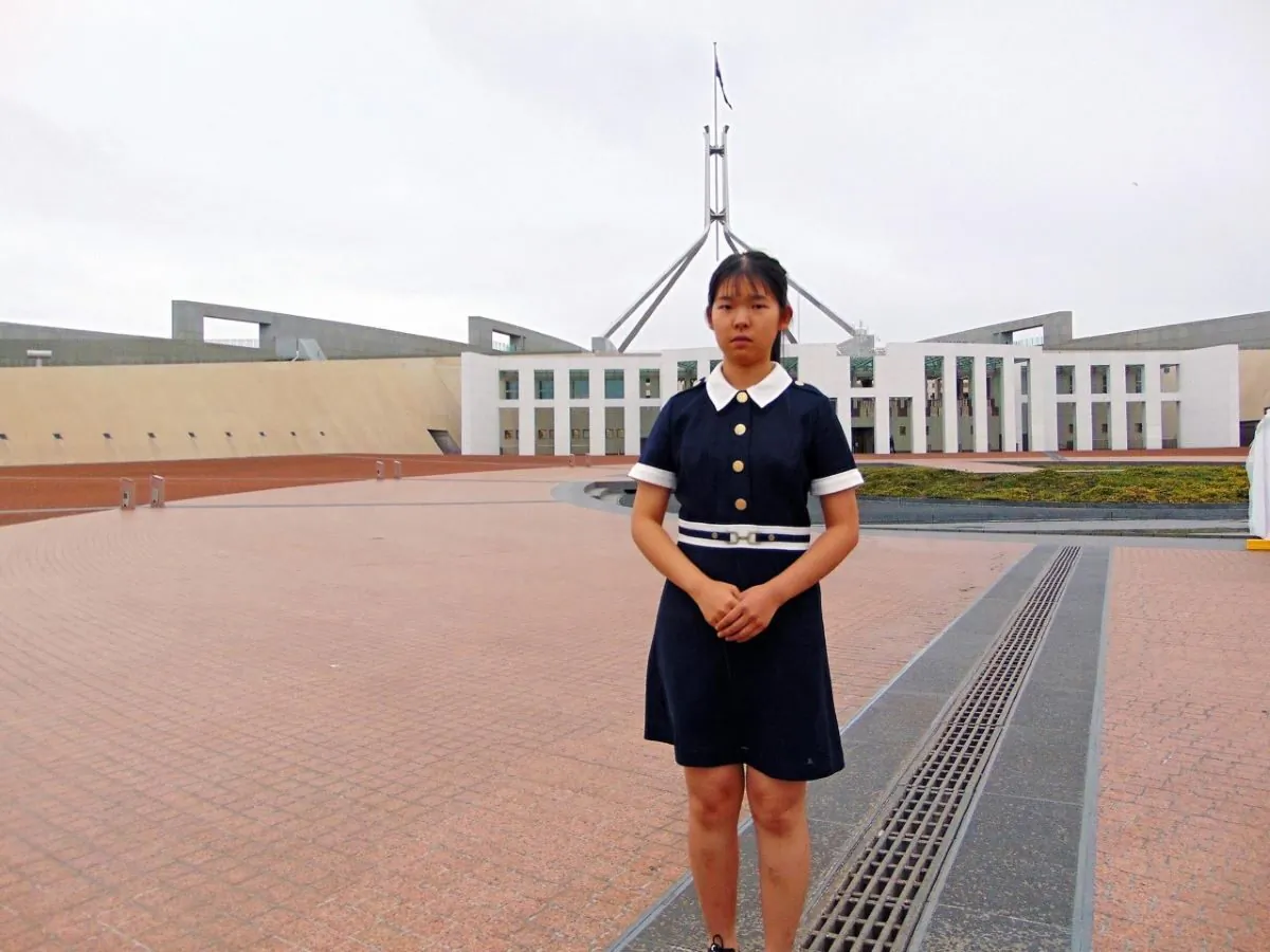 Leah Guo outside Parlaiment House in Canberra Australia, in April 2023. (Courtesy of Richard Szabo)