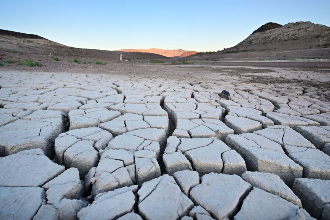 A dry cracked lake bed in drought-stricken Lake Mead in Boulder City, Nev., on Sept. 15, 2022. (Frederic J. Brown/AFP via Getty Images)