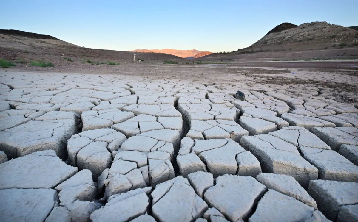 A dry cracked lake bed in drought-stricken Lake Mead in Boulder City, Nev., on Sept. 15, 2022. (Frederic J. Brown/AFP via Getty Images)