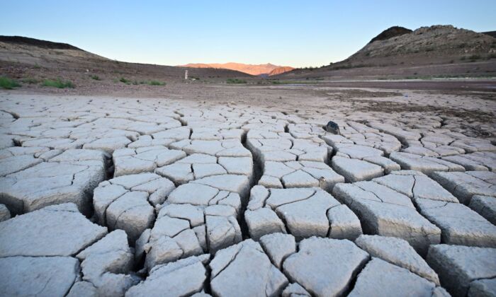 A dry cracked lake bed in drought-stricken Lake Mead in Boulder City, Nevada, on Sept. 15, 2022. (Frederic J. Brown/AFP via Getty Images)