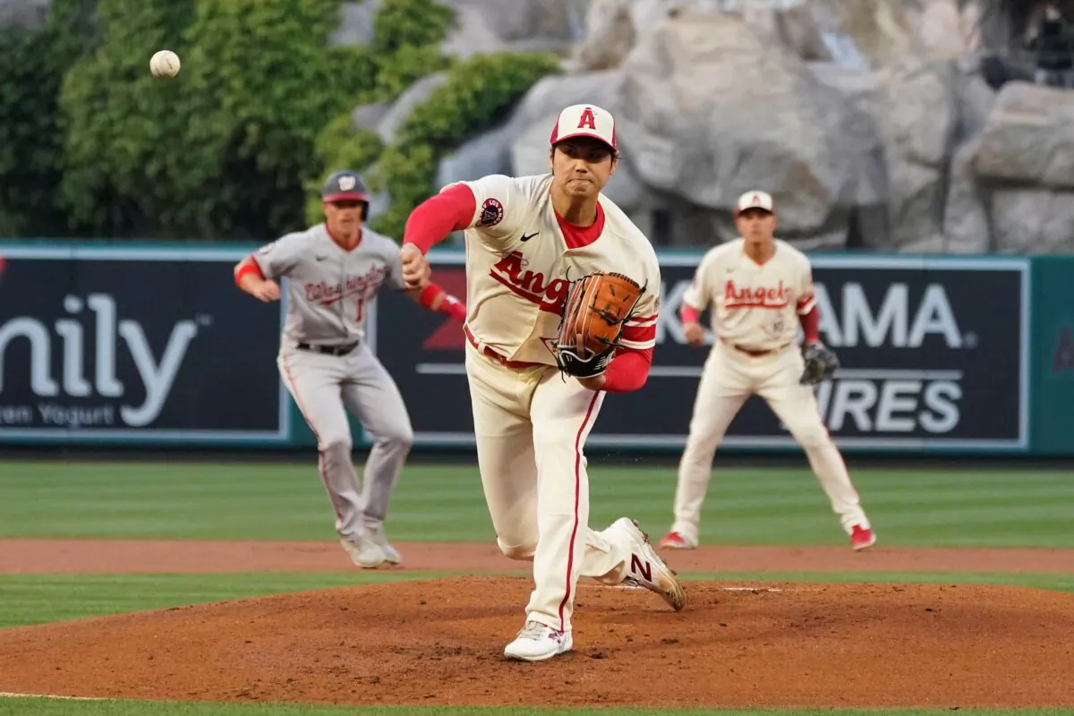 Los Angeles Angels starting pitcher Shohei Ohtani (17) throws during a baseball game against the Washington Nationals in Anaheim, Calif., on April 11, 2023. (Ashley Landis/ AP Photo)