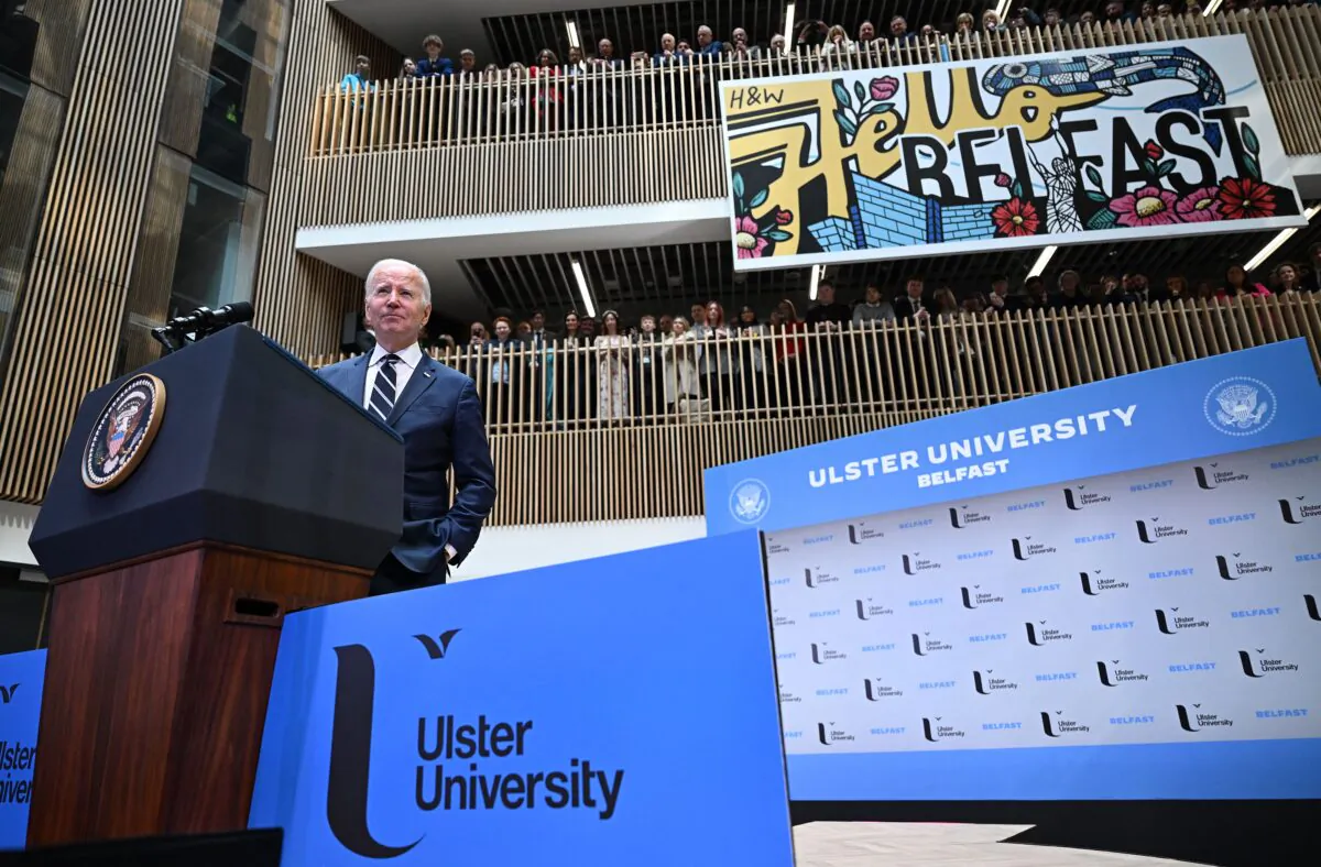 U.S. President Joe Biden delivers a speech on business development at Ulster University in Belfast on April 12, 2023. (Jim Watson/AFP via Getty Images)