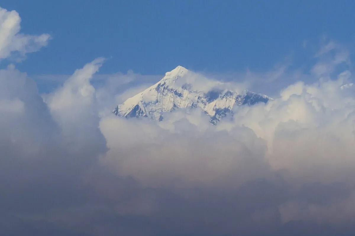 The summit of Mount Everest, the highest mountain in the world at 8,848 meters, in Nepal's Himalayas range on March 7, 2023. (Sebastien Berger/AFP via Getty Images)