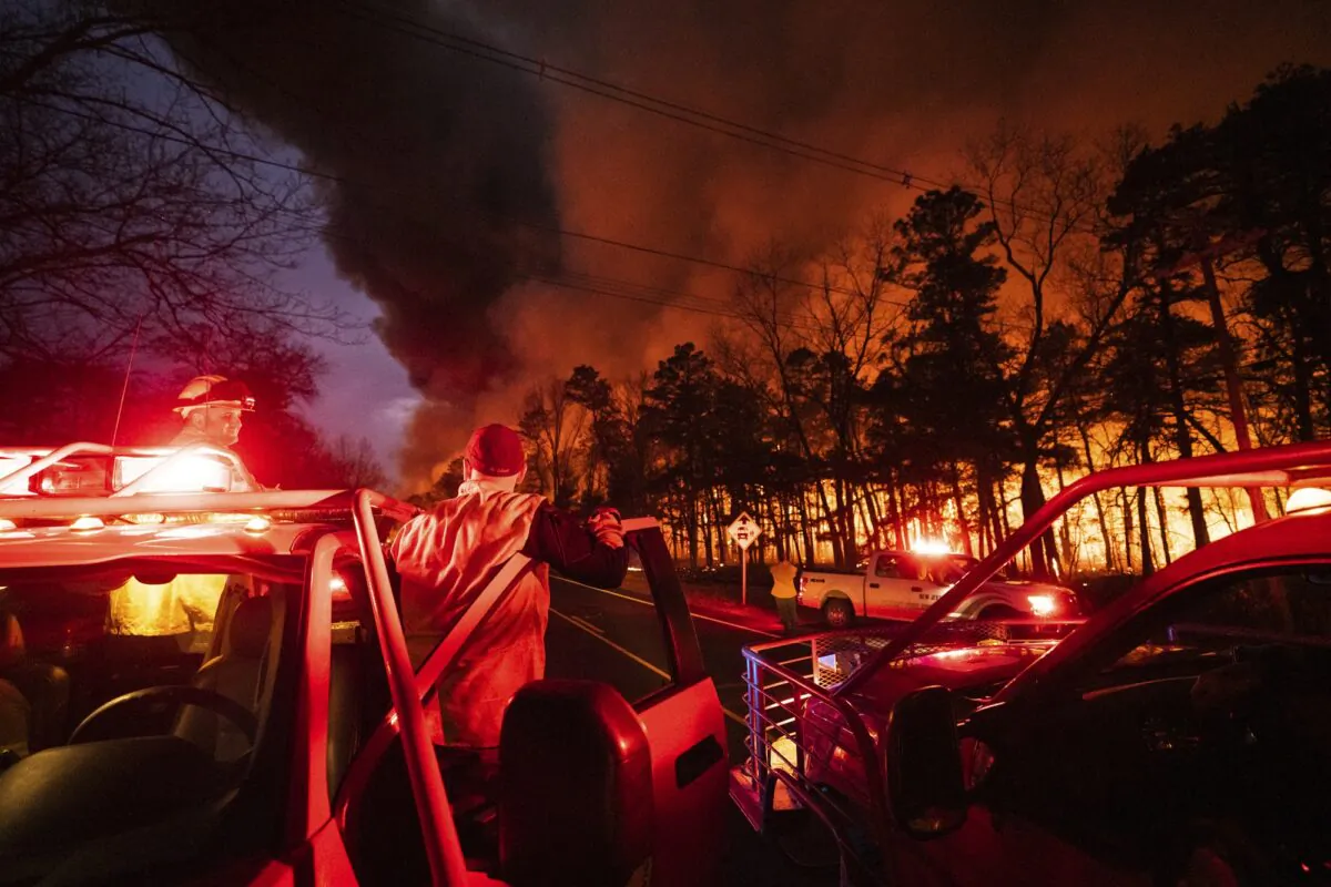 A massive 2,500-acre forest fire burns in Ocean County, N.J., early on April 12, 2023. (New Jersey Department of Environmental Protection via AP)