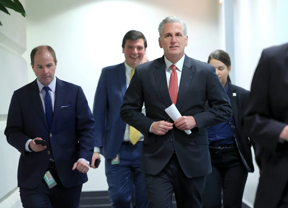 Speaker of the House Kevin McCarthy (R-CA) leaves a House Republican meeting at the U.S. Capitol on March 28, 2023. (Kevin Dietsch/Getty Images)