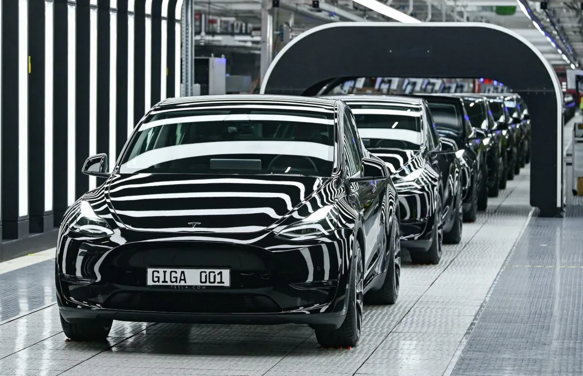 A line of electric vehicles of the model Y during the start of the production at Tesla's "Gigafactory" in Gruenheide, southeast of Berlin on March 22, 2022. (Patrick Pleul/Pool/AFP via Getty Images)