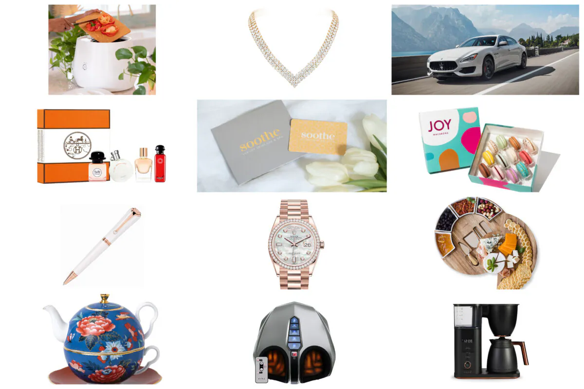 (Courtesy of Café Appliances; Neiman Marcus; Miko; Wedgwood; Sephora; Joy Macarons; Lomi; ChefSofi; Rolex; Maserati; Van Cleef and Arpels; Soothe)