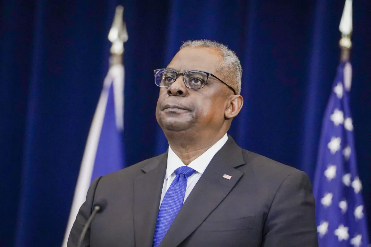 U.S. Secretary of Defense Lloyd Austin attends a press conference at State Department in Washington on April 11, 2023. (Madalina Vasiliu/The Epoch Times)