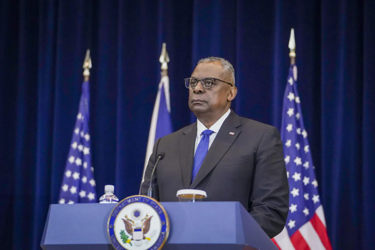 U.S. Secretary of Defense Lloyd Austin attends a press conference at State Department in Washington on April 11, 2023. (Madalina Vasiliu/The Epoch Times)
